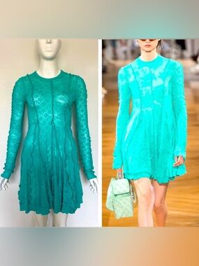 LUXE STELLA MCCARTNEY AQUA BLUE GREEN STRETCH SHEER LACE KNIT RUNWAY DRESS 36